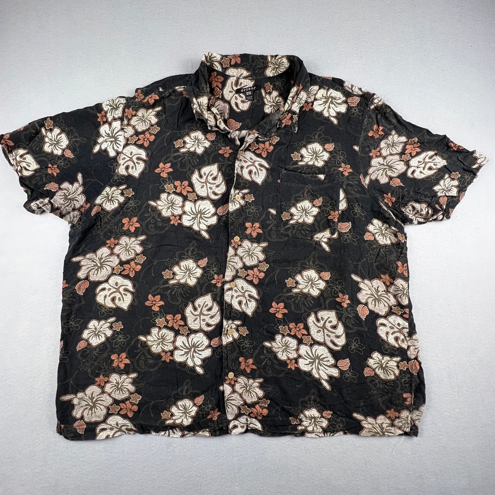 Hawaiian Button Down Shirt Mens 2XL Black Floral Tropical Aloha Vacation Black